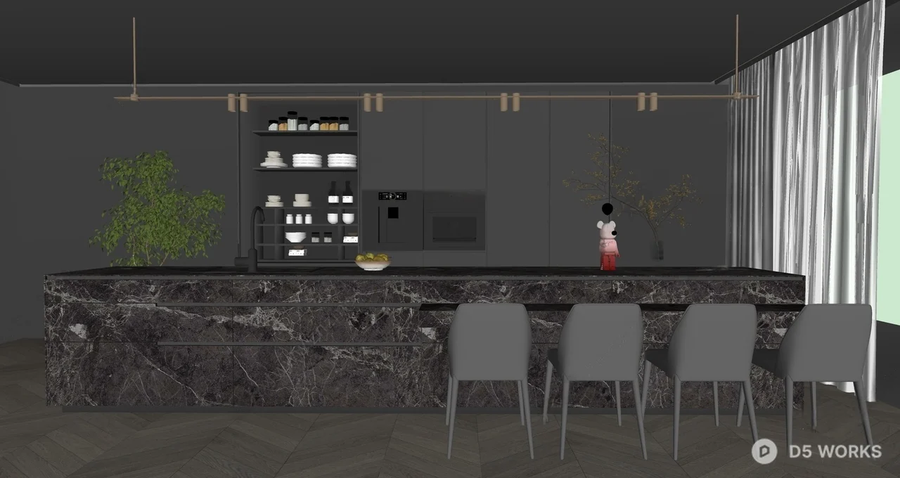 Modern Open Kitchen With Marble Island And Integrated Appliances 3d model thumbnail 2