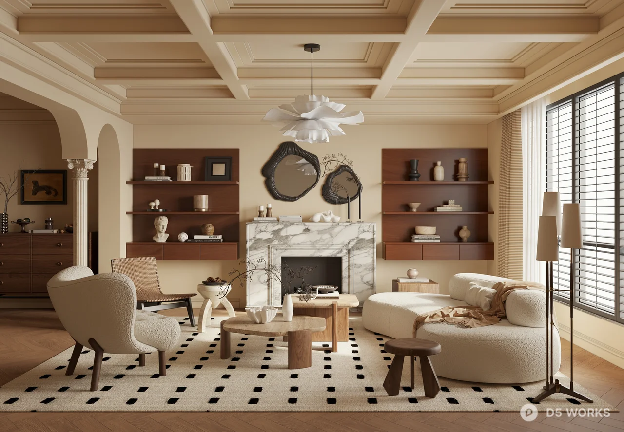 Mid Century Modern Living Room with Coffered Ceiling 3d model - Image 1