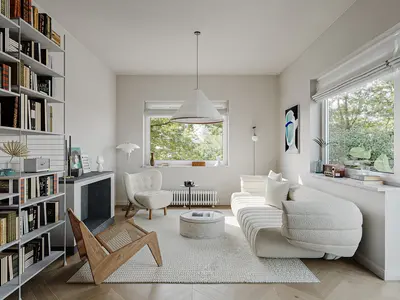 Minimalist Living Room with Bookshelf and Curved Sofa 3d model