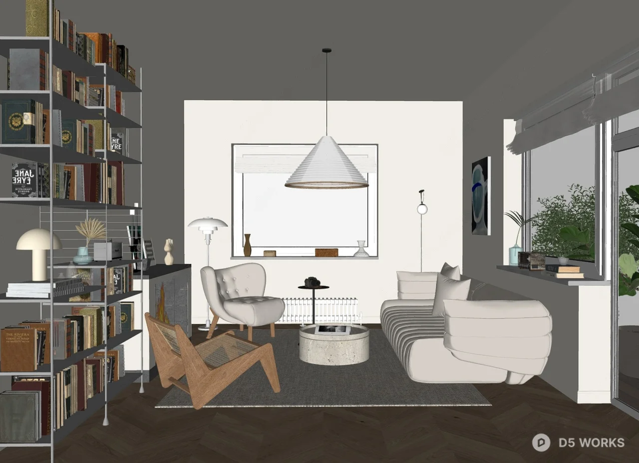 Minimalist Living Room with Bookshelf and Curved Sofa 3d model thumbnail 2