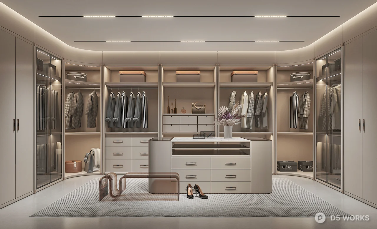 Modern Minimalist Walk-In Closet With Integrated Storage And Lighting 3d model - Image 1