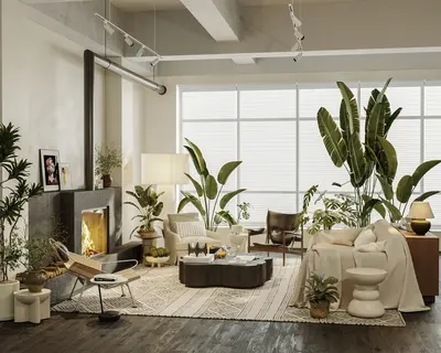 Modern Living Room with Indoor Plants and Fireplace 3d model