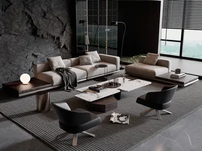 Modern Minimalist Living Room with Textured Wall 3d model