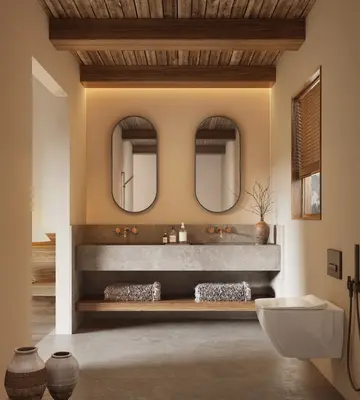 Rustic Minimalist Bathroom With Dual Mirrors And Concrete Vanity 3d model
