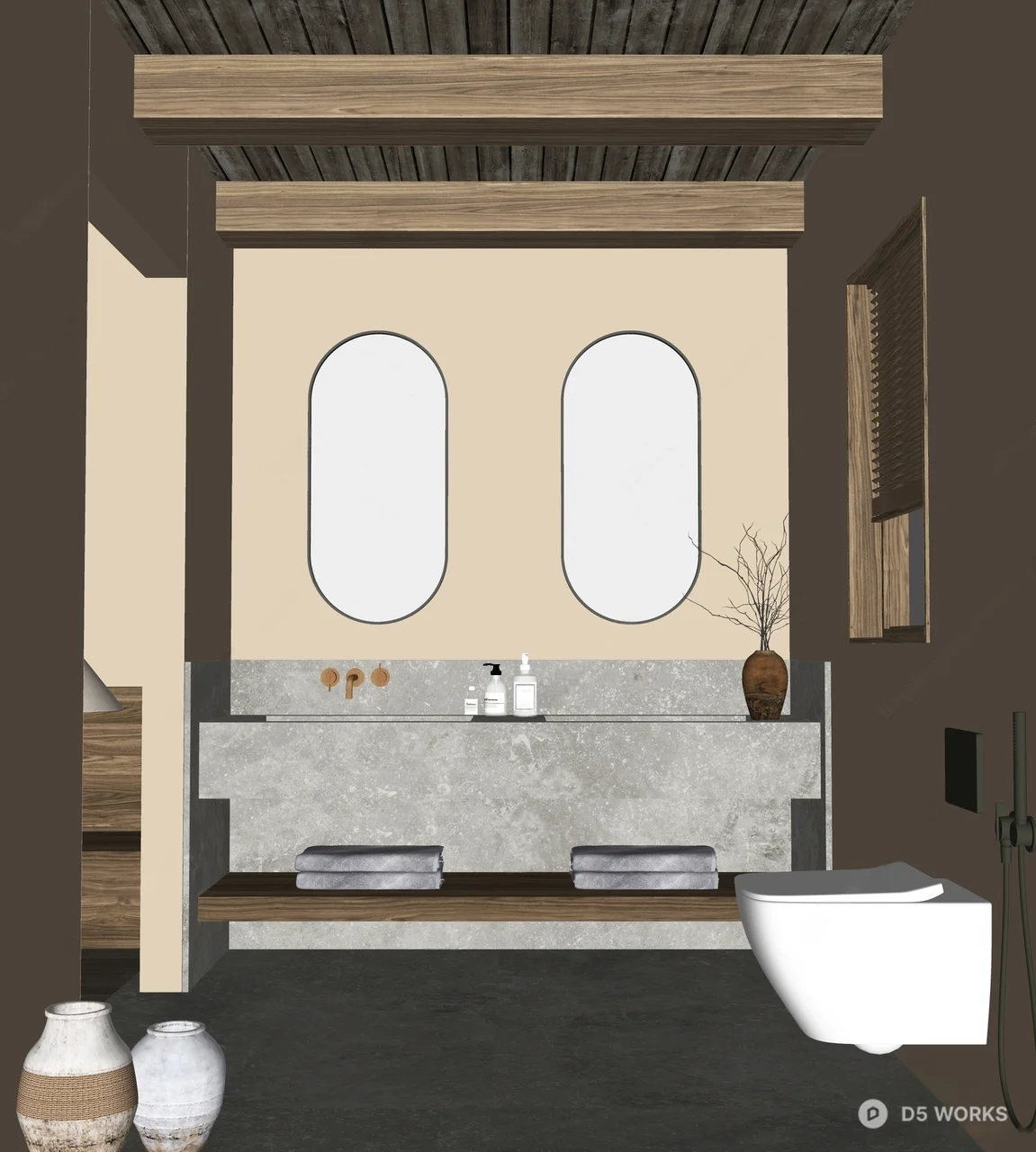 Rustic Minimalist Bathroom With Dual Mirrors And Concrete Vanity 3d model thumbnail 2