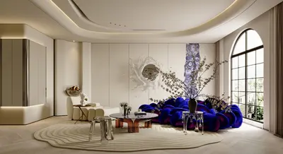 Modern Minimalist Living Room with Blue Velvet Sofa 3d model