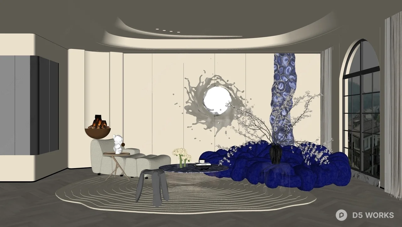 Modern Minimalist Living Room with Blue Velvet Sofa 3d model thumbnail 2