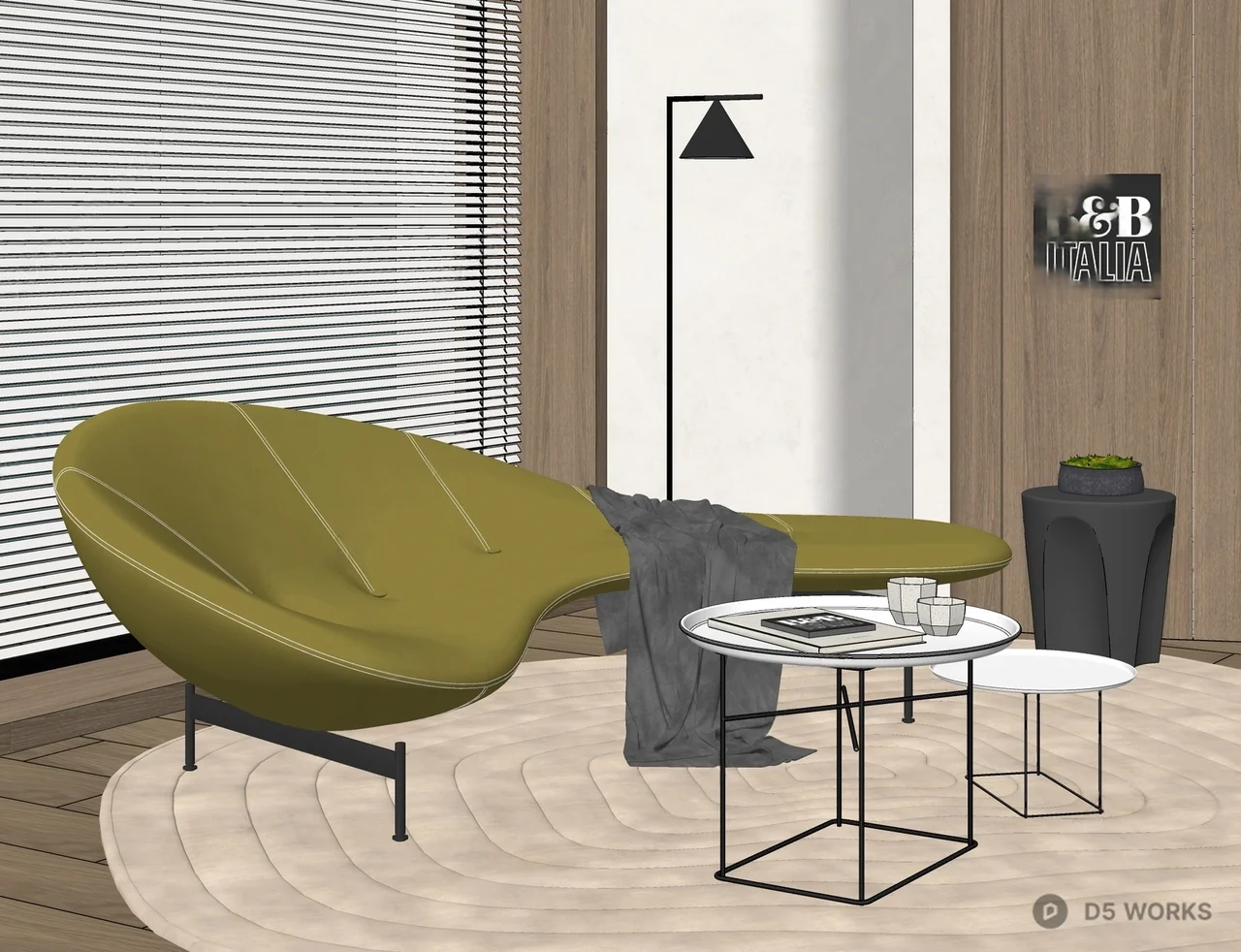 Olive Green Chaise Lounge with Metal Legs 3d model thumbnail 2