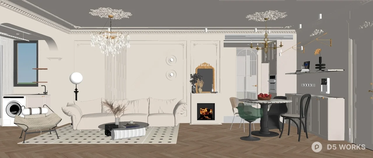 Elegant Classic Living Dining Space With Fireplace And Chandeliers 3d model thumbnail 2