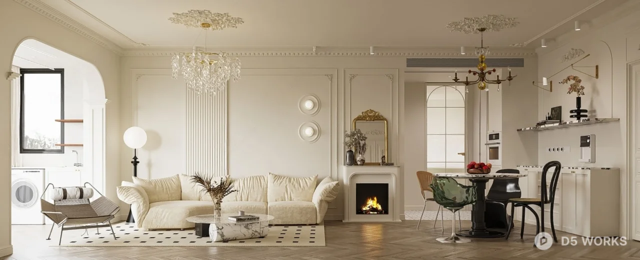 Elegant Classic Living Dining Space With Fireplace And Chandeliers 3d model - Image 1