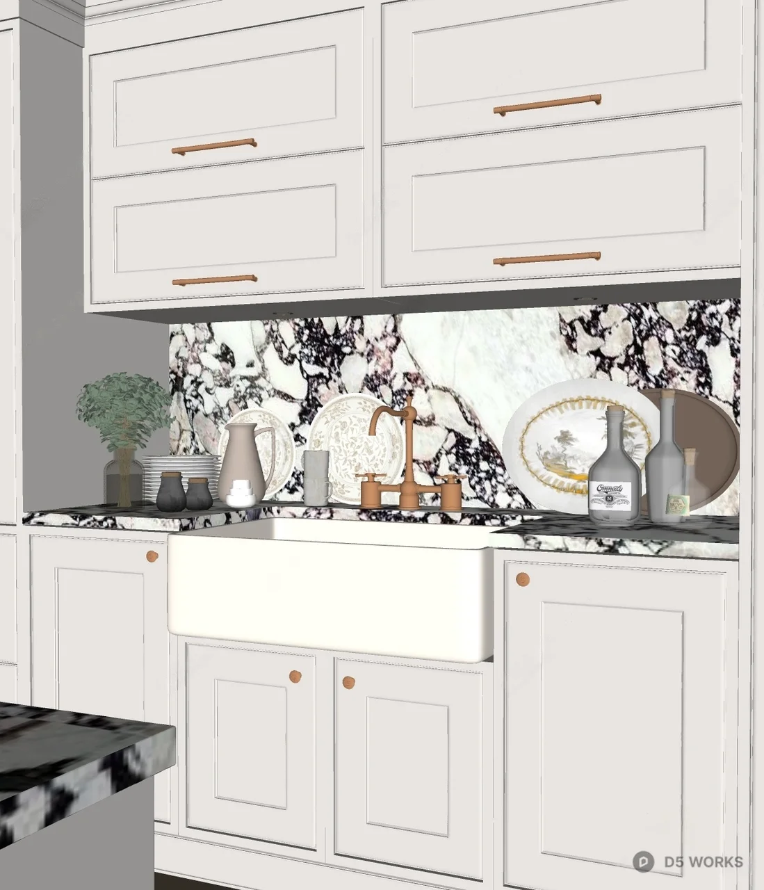 Modern Open Kitchen with Marble Backsplash 3d model thumbnail 2