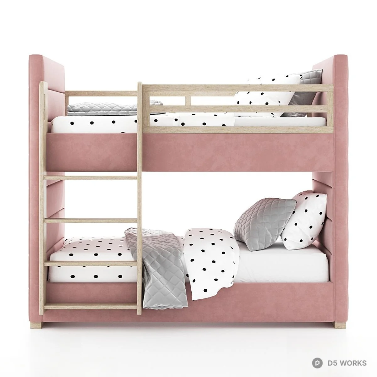 Pink Upholstered Bunk Bed With Wooden Frame 3d model thumbnail 2