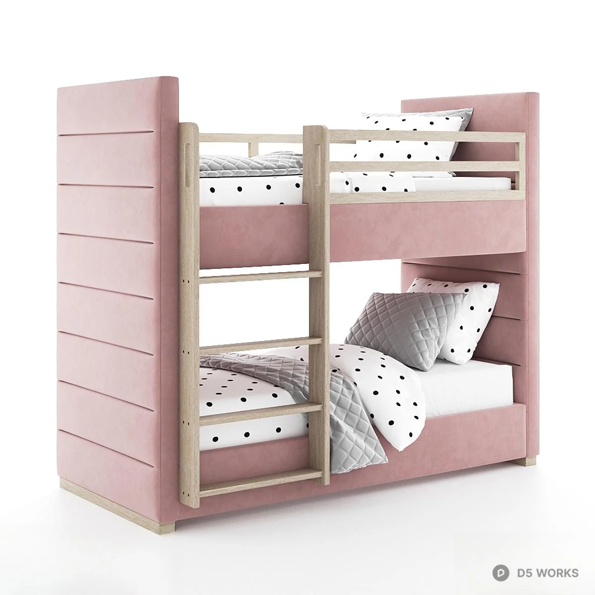 Pink Upholstered Bunk Bed With Wooden Frame 3d model - Image 1