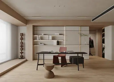 Minimalist Home Study With Integrated Storage And Wooden Flooring 3d model