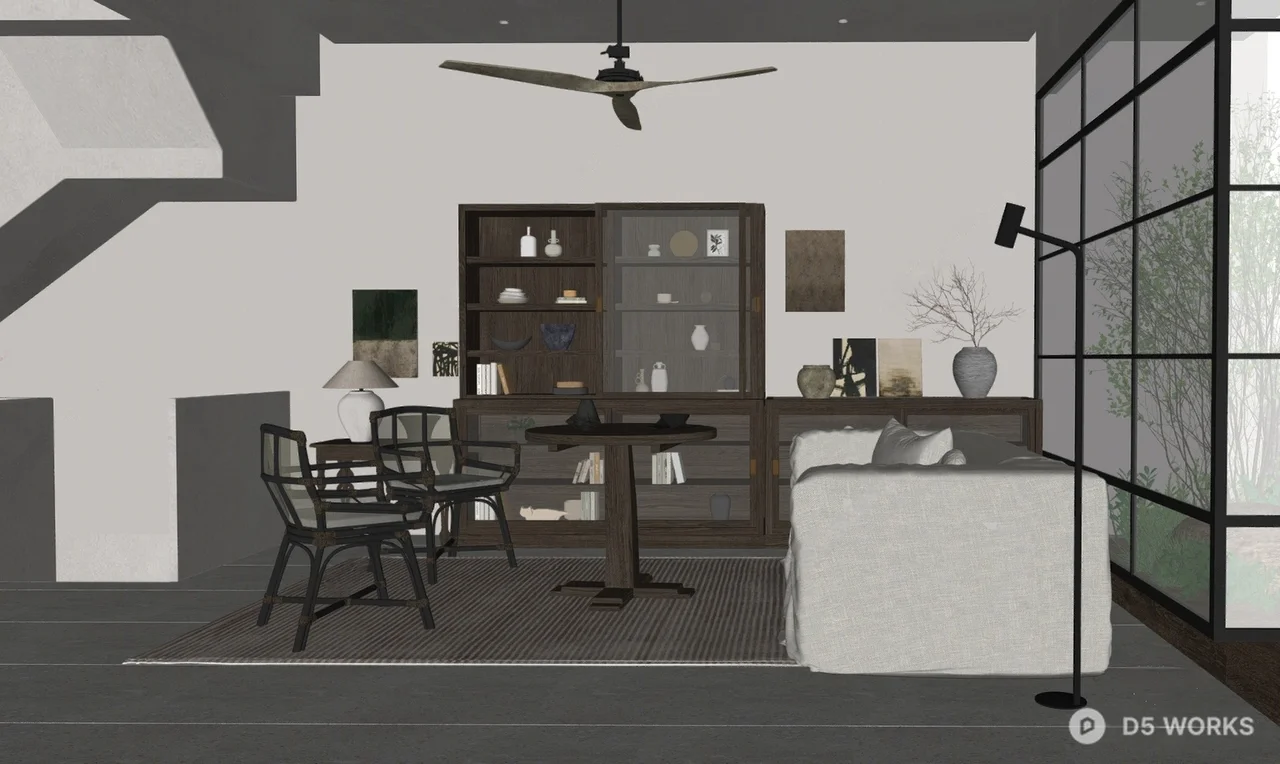 Minimalist Living Room with Bookshelf and Glass Partition 3d model thumbnail 2