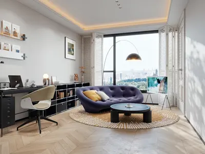 Modern Study Room With Purple Sofa And City View 3d model
