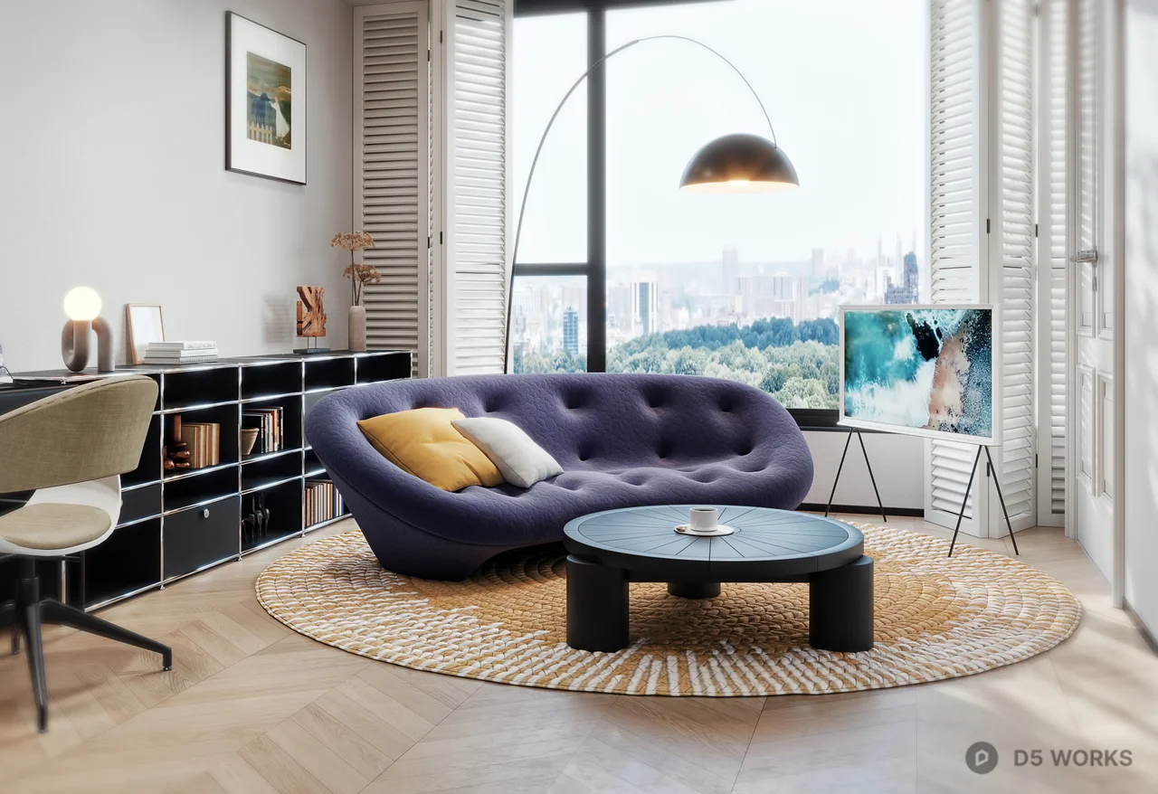 Modern Study Room With Purple Sofa And City View 3d model thumbnail 2