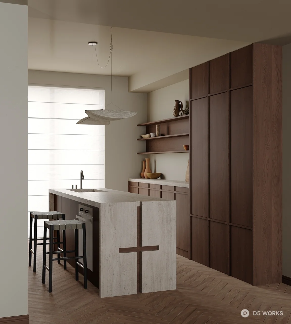 Minimalist Open Kitchen With Island And Wood Cabinetry 3d model - Image 1