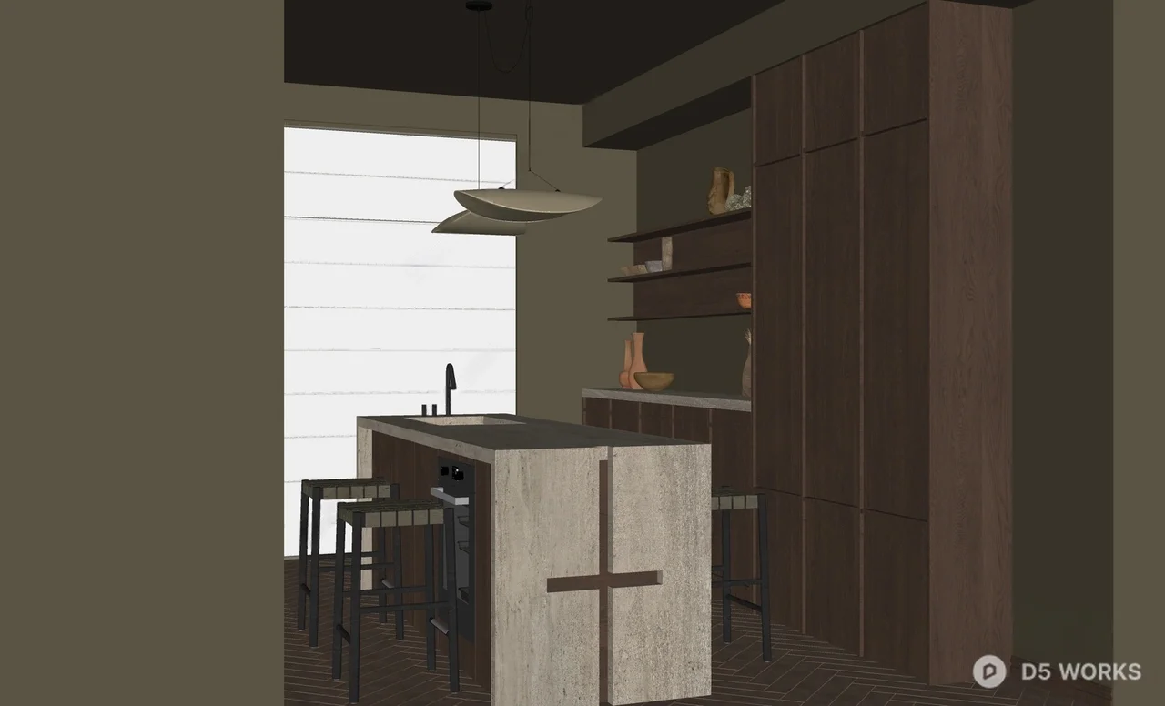Minimalist Open Kitchen With Island And Wood Cabinetry 3d model thumbnail 2