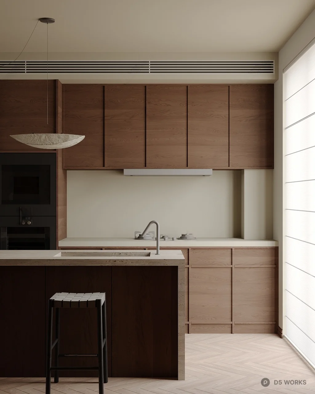 Minimalist Open Kitchen With Island And Wood Cabinetry 3d model thumbnail 3