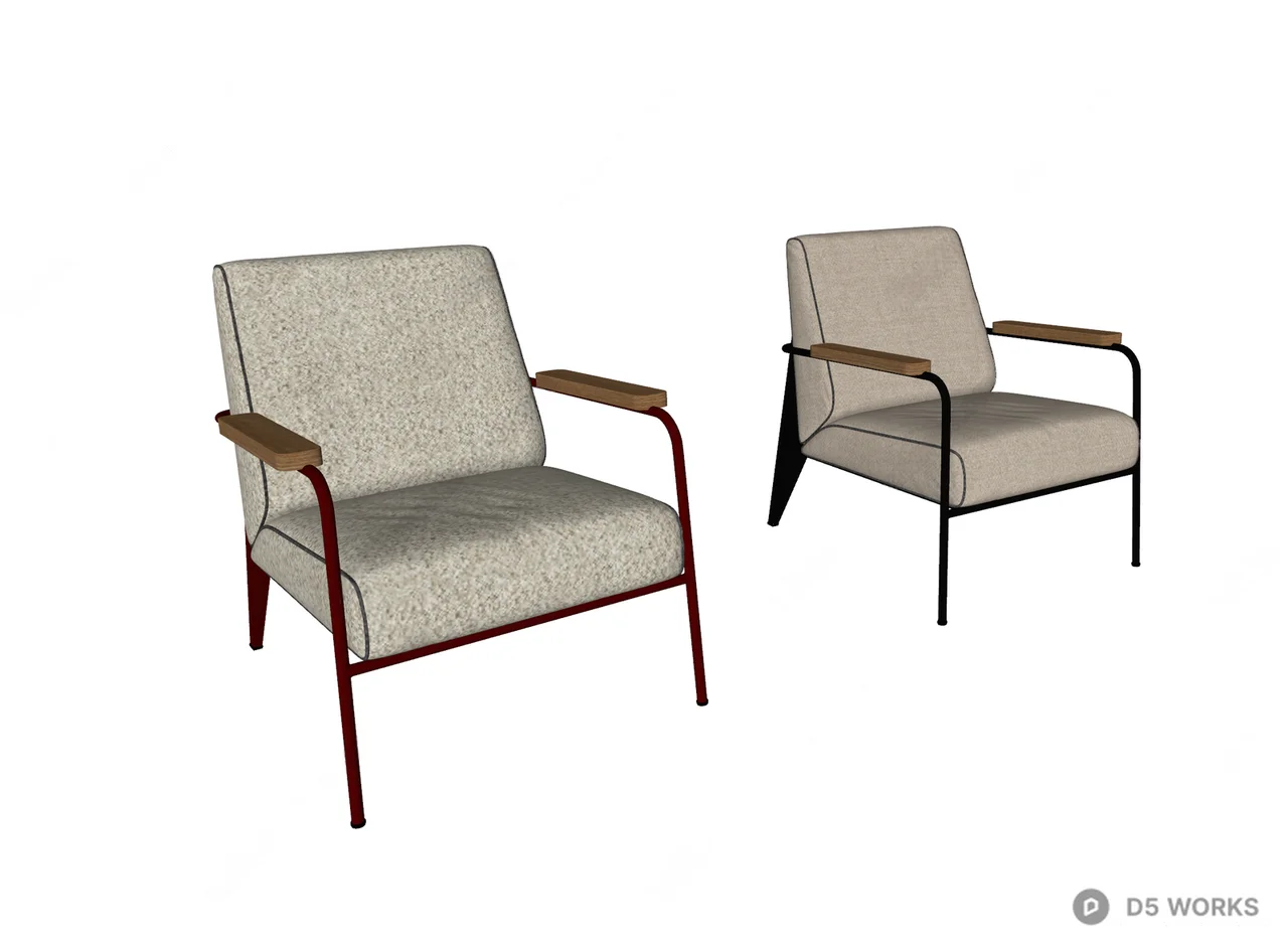 Red Metal Frame Armchair With Wooden Arms And Textured Upholstery 3d model thumbnail 2
