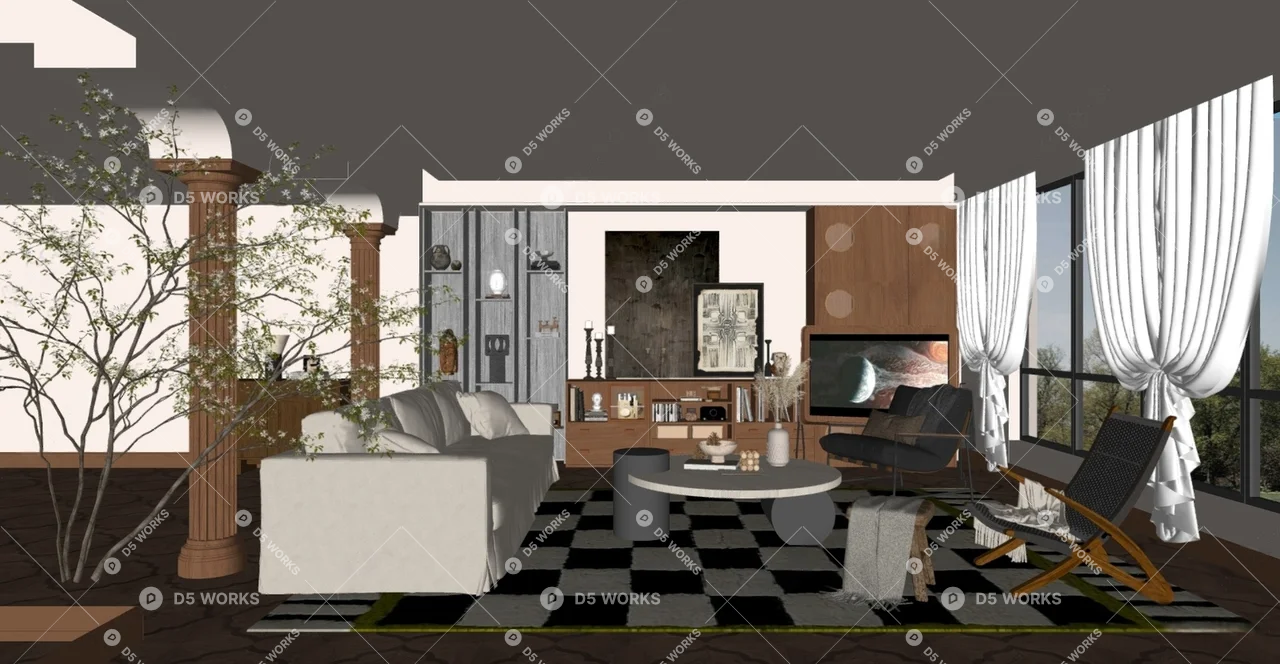 Mid-Century Modern Home Living Room 3d model thumbnail 2