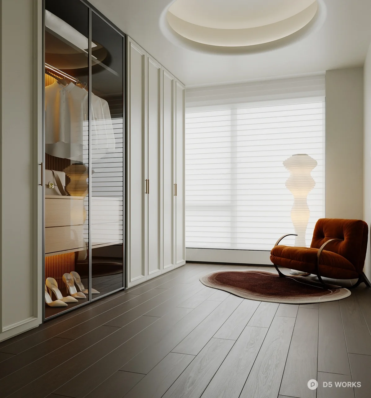 Minimalist Walk-In Closet With Integrated Lighting And Lounge Chair 3d model - Image 1