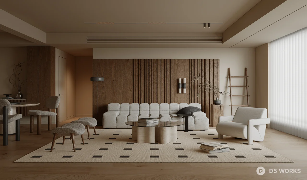 Minimalist Living Room with Wooden Panel Accent Wall 3d model - Image 1