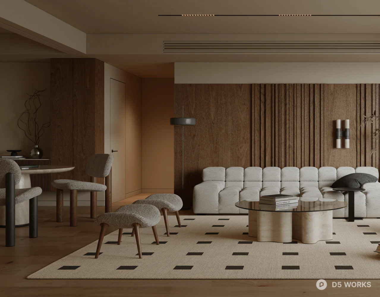 Minimalist Living Room with Wooden Panel Accent Wall 3d model thumbnail 2