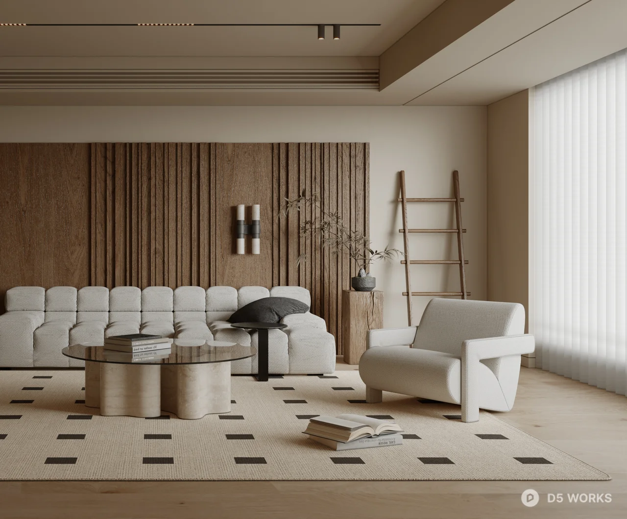Minimalist Living Room with Wooden Panel Accent Wall 3d model thumbnail 3