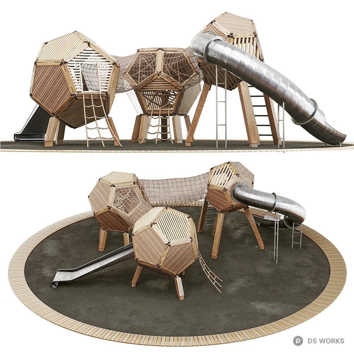 Geometric Wooden Play Structure With Slide 3d model thumbnail 2