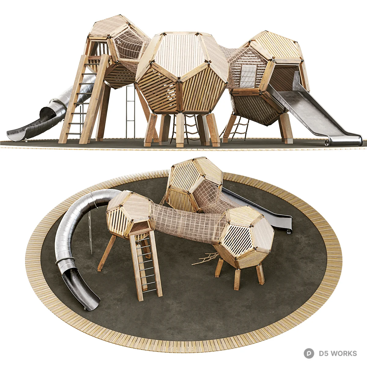 Geometric Wooden Play Structure With Slide 3d model - Image 1