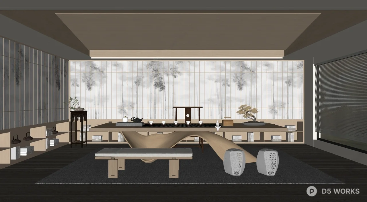 Minimalist Japanese Tea Room with Wooden Table and Low Seating 3d model thumbnail 2