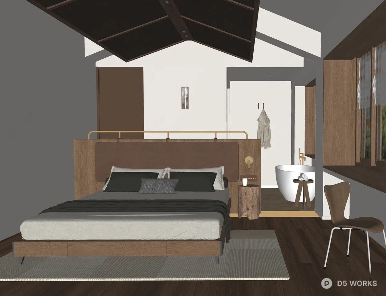 Minimalist Guesthouse Room With Wooden Floor And Bathtub 3d model thumbnail 2