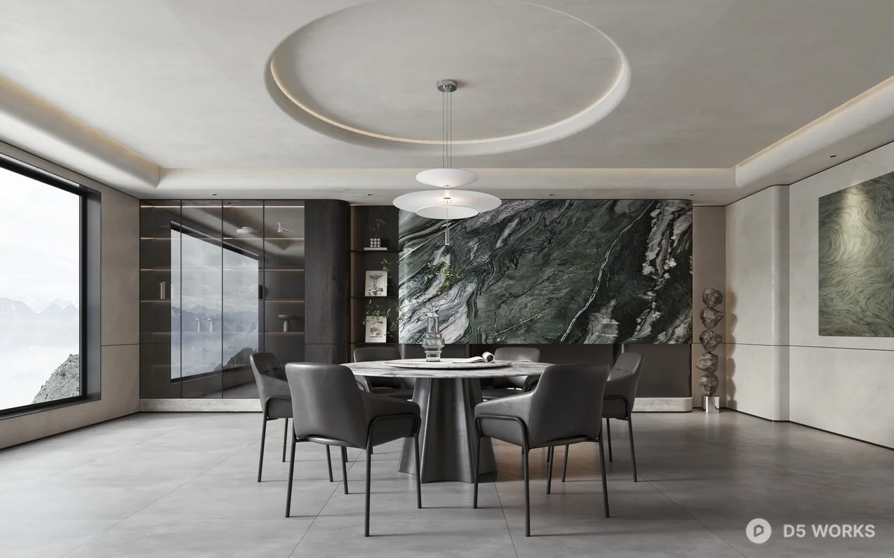 Modern Minimalist Dining Room With Marble Accent Wall 3d model - Image 1