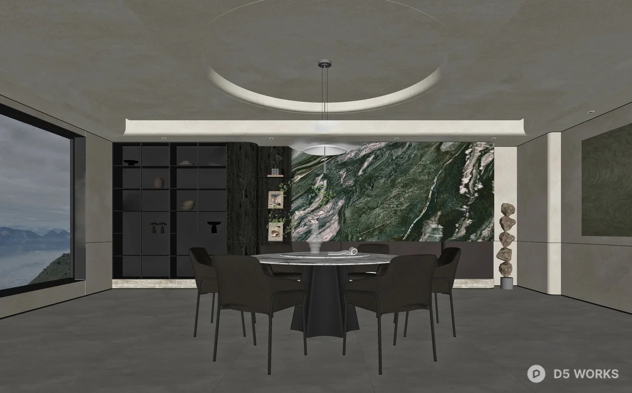 Modern Minimalist Dining Room With Marble Accent Wall 3d model thumbnail 2