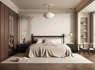 Mid Century Modern Bedroom with Textured Wall and Pendant Light 3d model