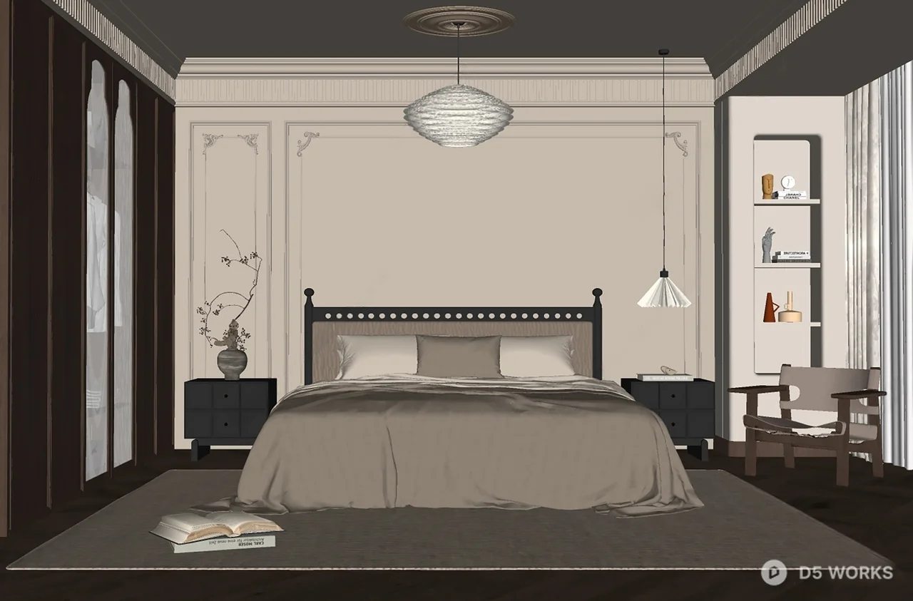Mid Century Modern Bedroom with Textured Wall and Pendant Light 3d model thumbnail 2