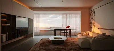 Modern Minimalist Living Room With Sunset View 3d model