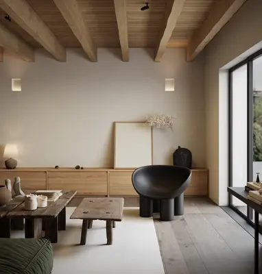 Minimalist Wooden Beam Living Room with Black Sculptural Chair 3d model