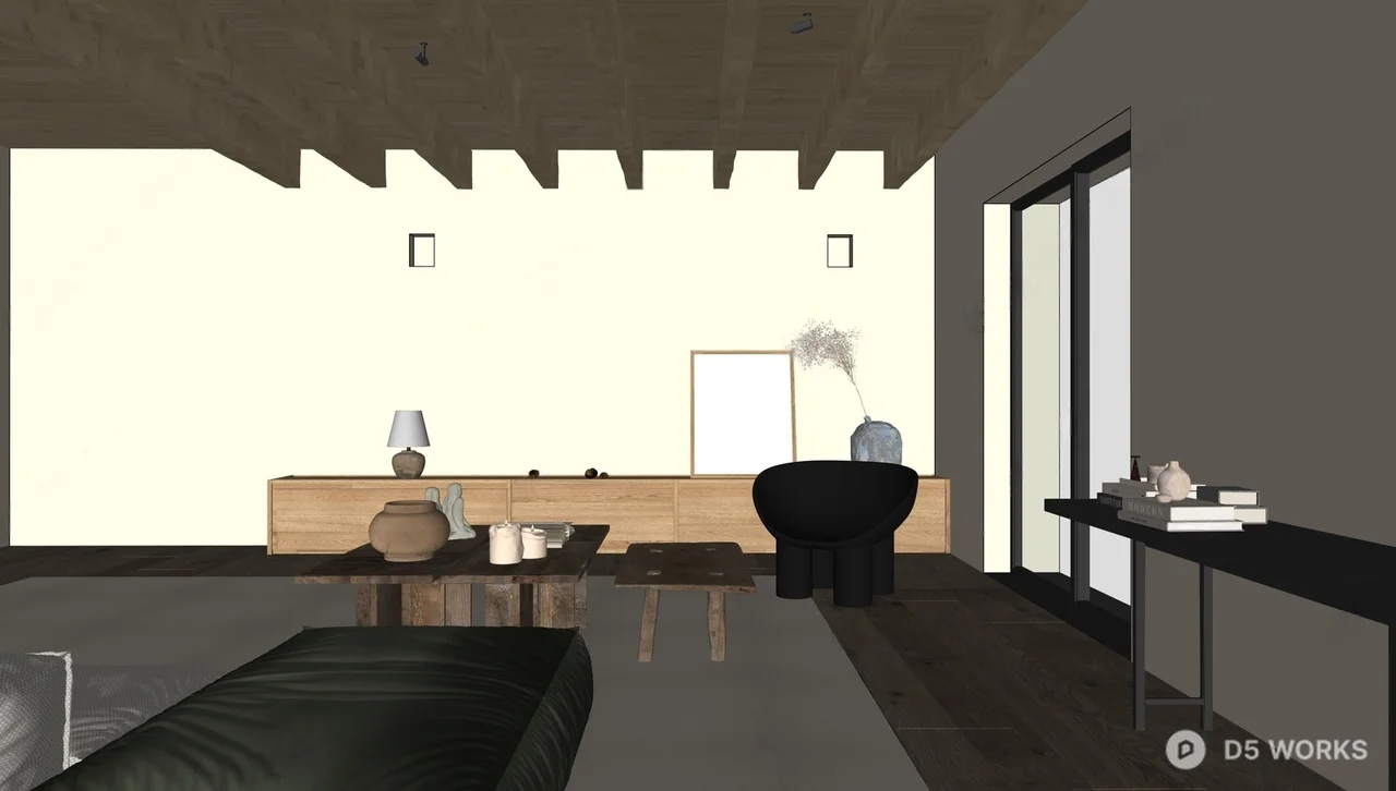 Minimalist Wooden Beam Living Room with Black Sculptural Chair 3d model thumbnail 2