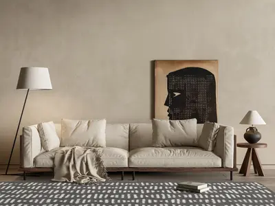 Minimalist Living Room with Beige Sofa and Art Wall 3d model
