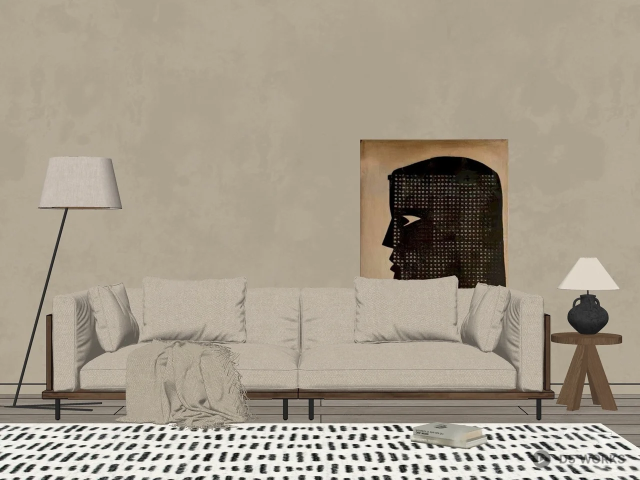 Minimalist Living Room with Beige Sofa and Art Wall 3d model thumbnail 2