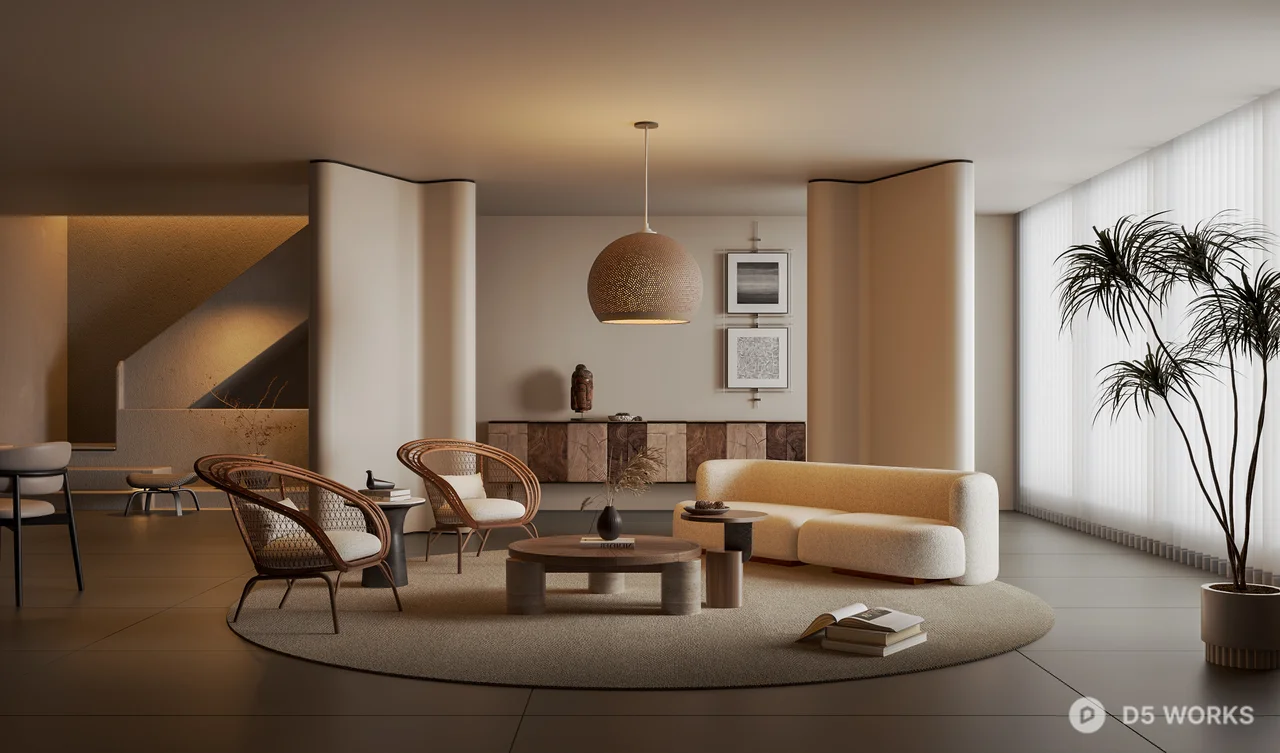 Minimalist Villa Living Room with Warm Lighting 3d model - Image 1