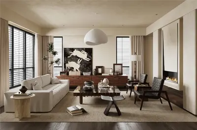 Minimalist Living Room with Art Wall and Fireplace 3d model