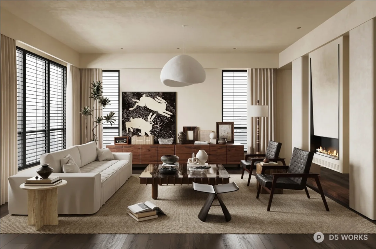 Minimalist Living Room with Art Wall and Fireplace 3d model - Image 1