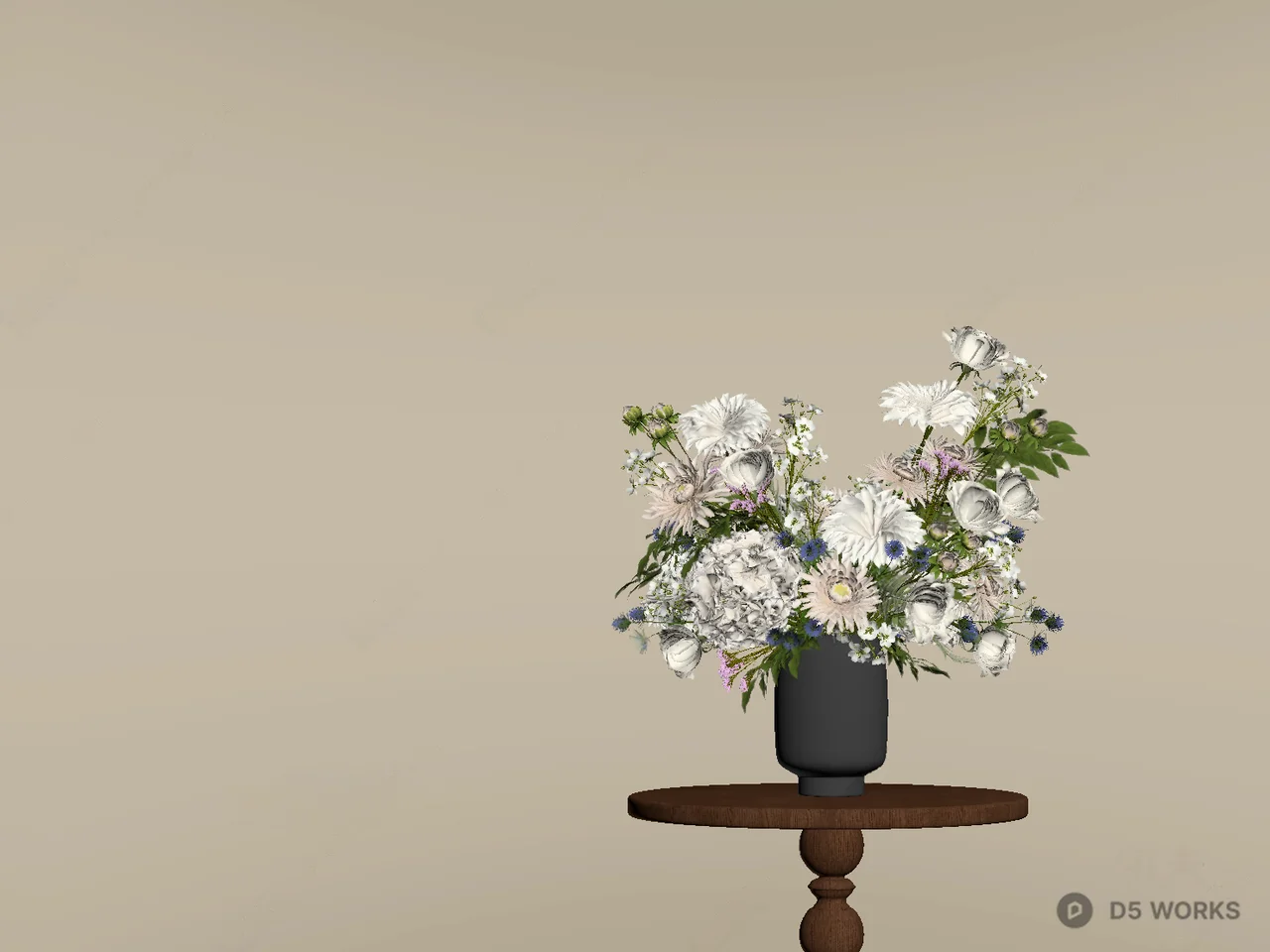 Floral Arrangement In Black Vase On Wooden Side Table 3d model thumbnail 2