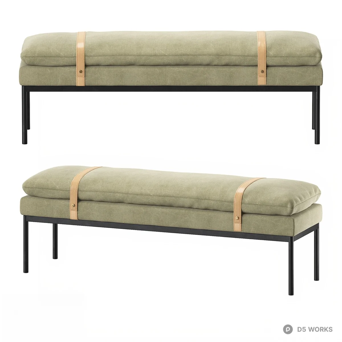 Olive Green Upholstered Bench With Leather Straps 3d model - Image 1