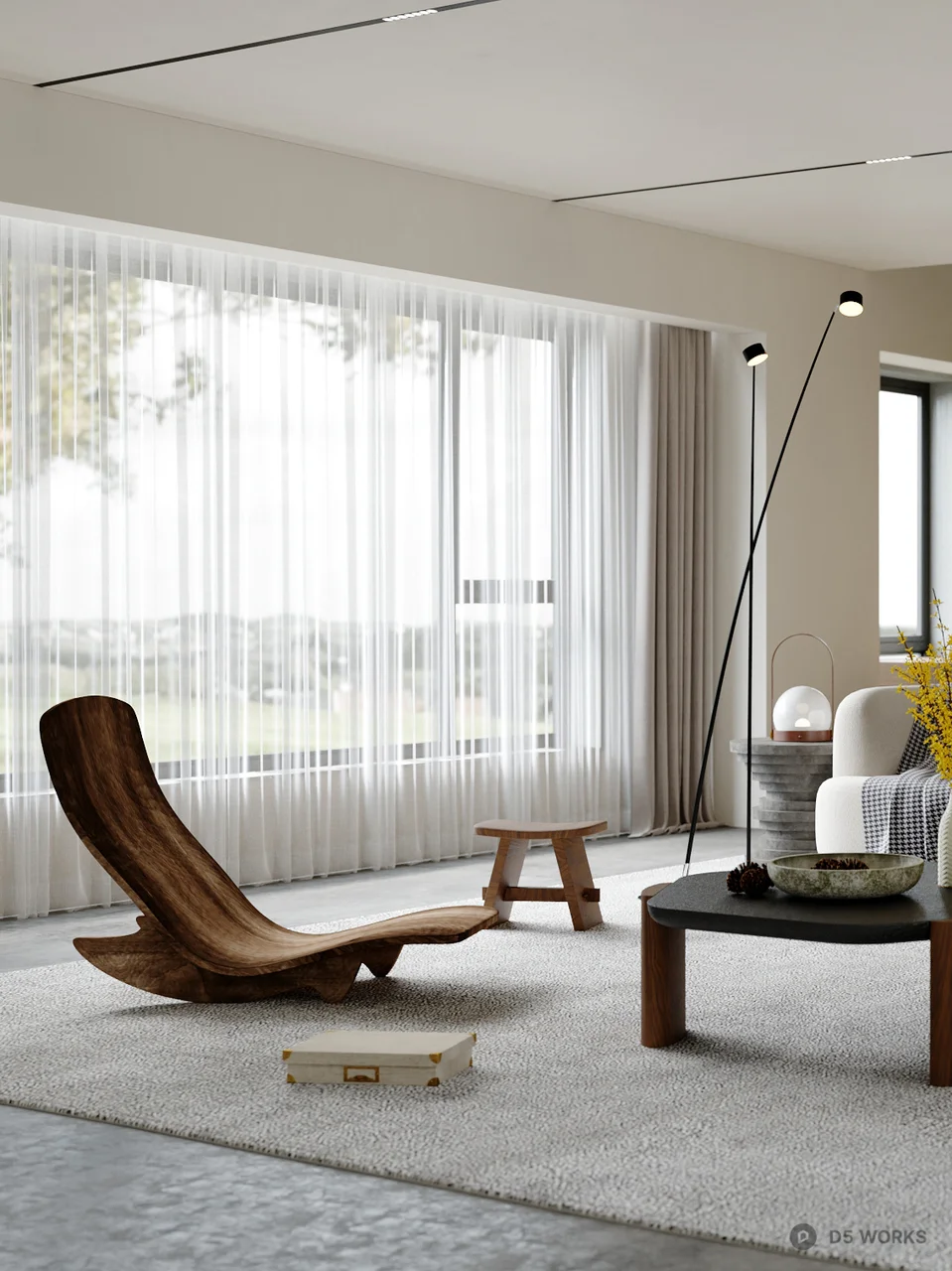 Modern Minimalist Living Room with Curved Sofa and Stone Accent Wall 3d model thumbnail 2