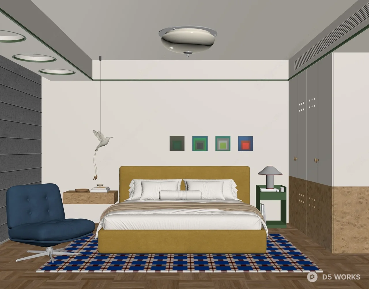 Minimalist Beige Bedroom with Blue Accent Chair 3d model thumbnail 2